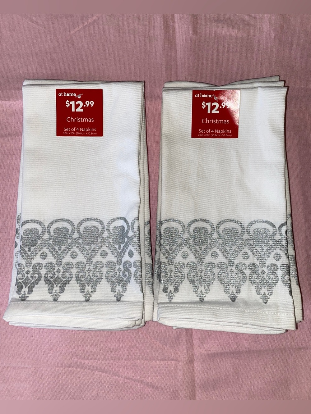 ‘At Home’ Silver Metallic White Cloth Fabric Napkin Towel Party Stencil Shimmery